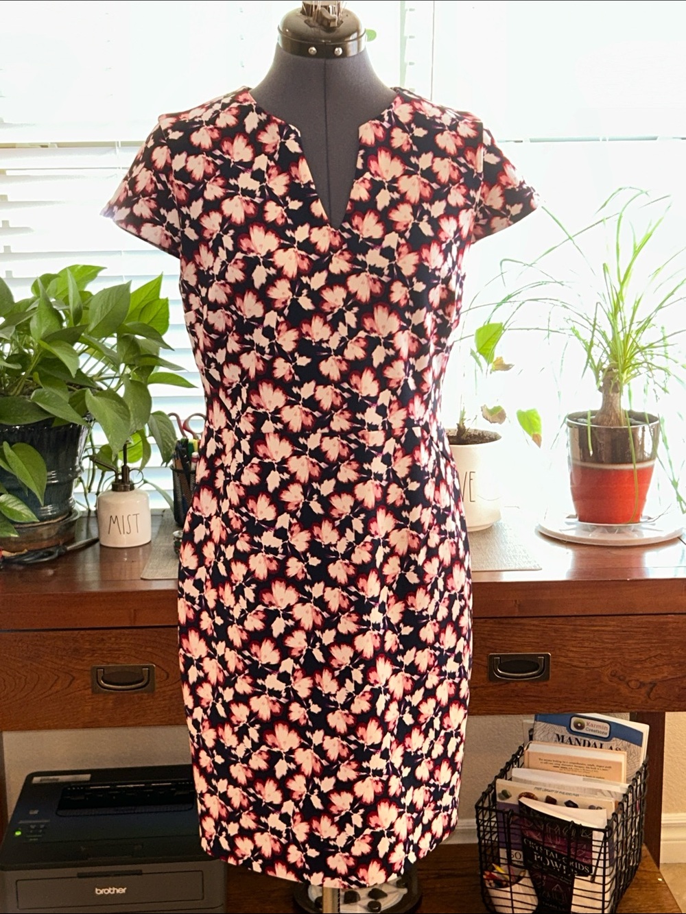 Banana Republic Navy Midi Dress with Pink Floral Print